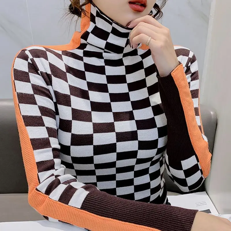 

Pullover autumn and winter color matching checkerboard turtleneck sweater women loose outer wear foreign-style bottoming sweater