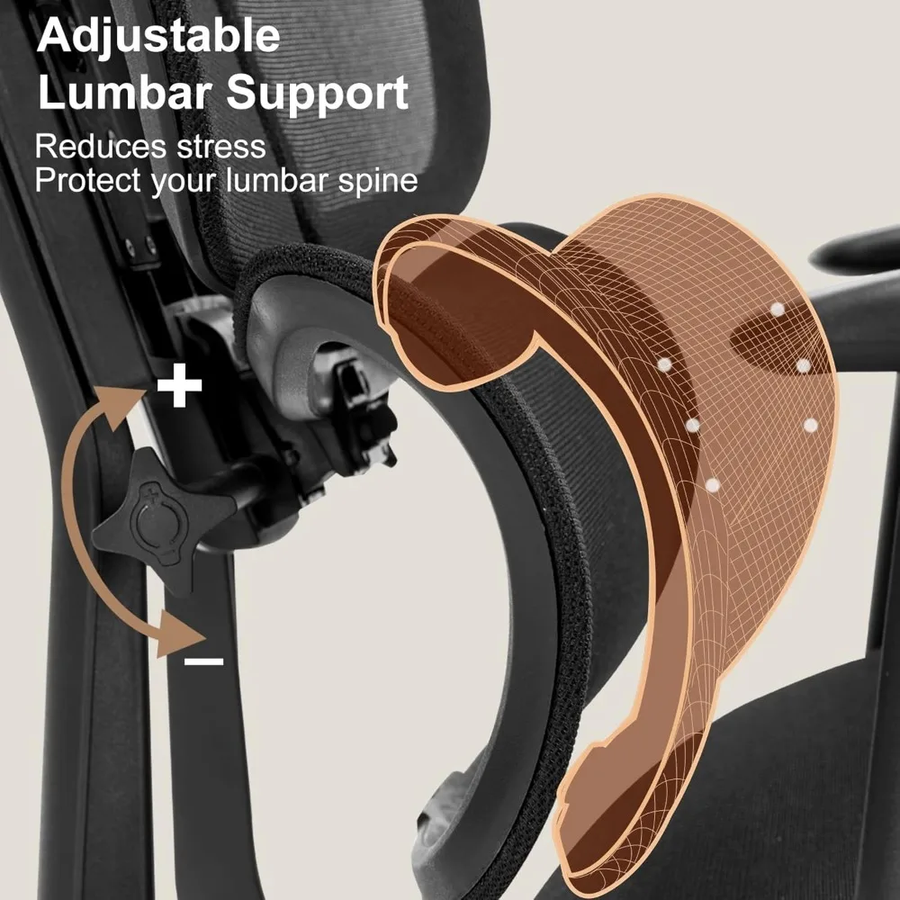 كرسي مكتب مريح، كرسي كمبيوتر شبكي كبير وطويل مع دعم قطني قابل للتعديل، وظيفة الميل ومسند الرأس H