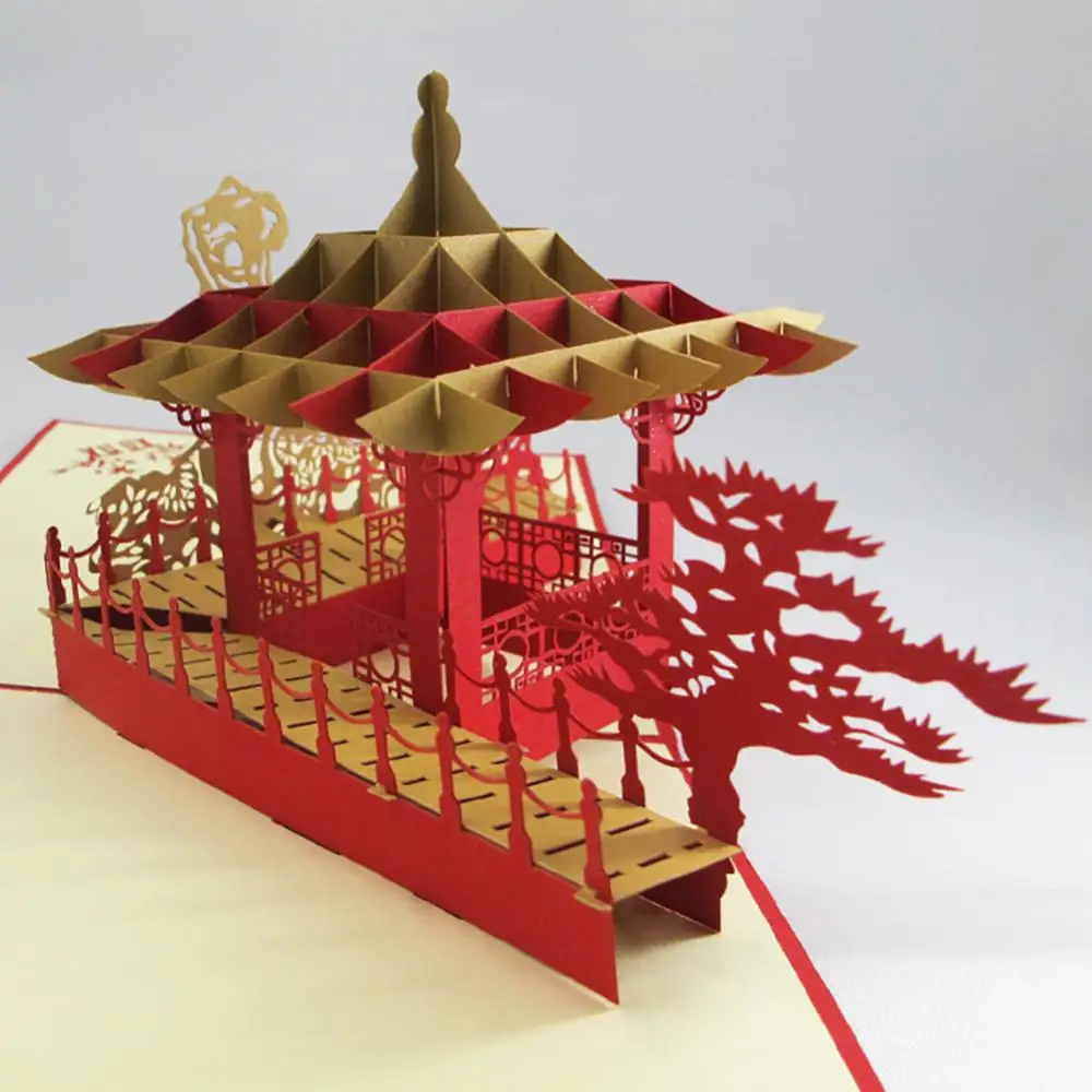 Retro 3D China Suzhou Garden Pavilion Pattern Pop Up Greeting Card Invitation