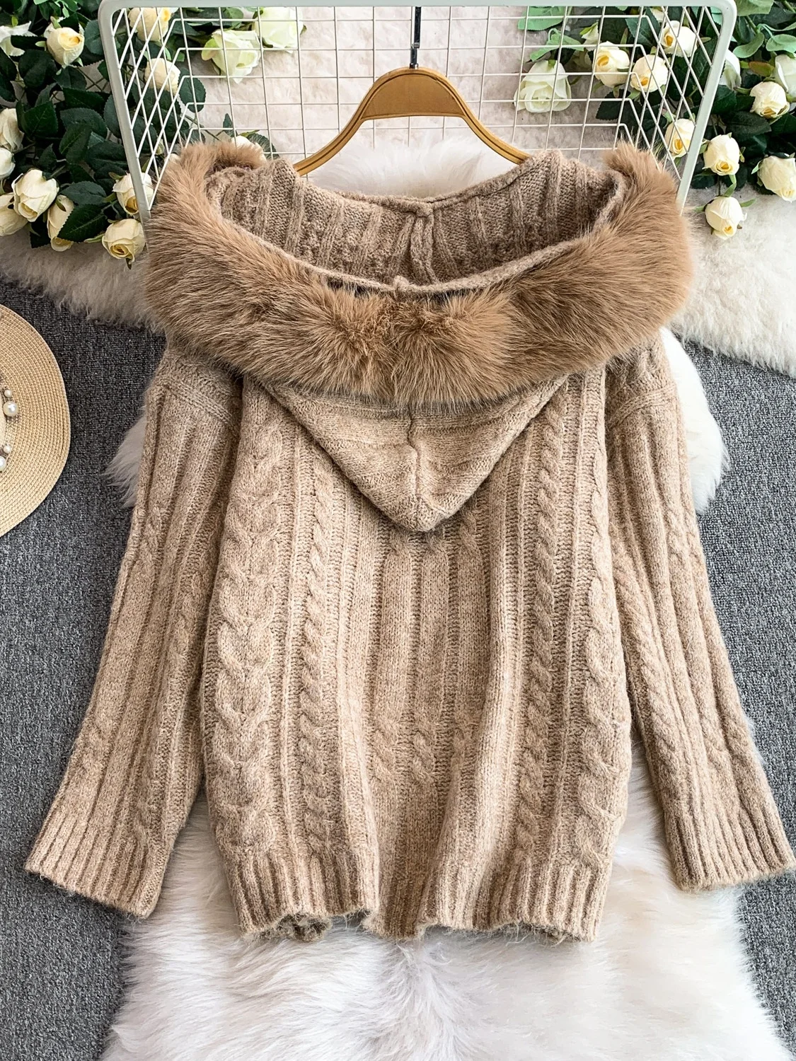 Thiened Zware Werk Bontkraag Open Vest Gebreide Trui Dames Winter Lui Sle Warme Pluizige Lange Sve Jas