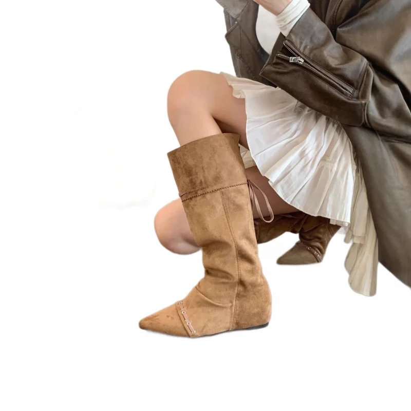 2025 صيف جديد نمط الارتفاع زيادة أحذية طويلة للنساء التجاعيد اتجاهين ارتداء أحذية رعاة البقر الغربية ترهل #5