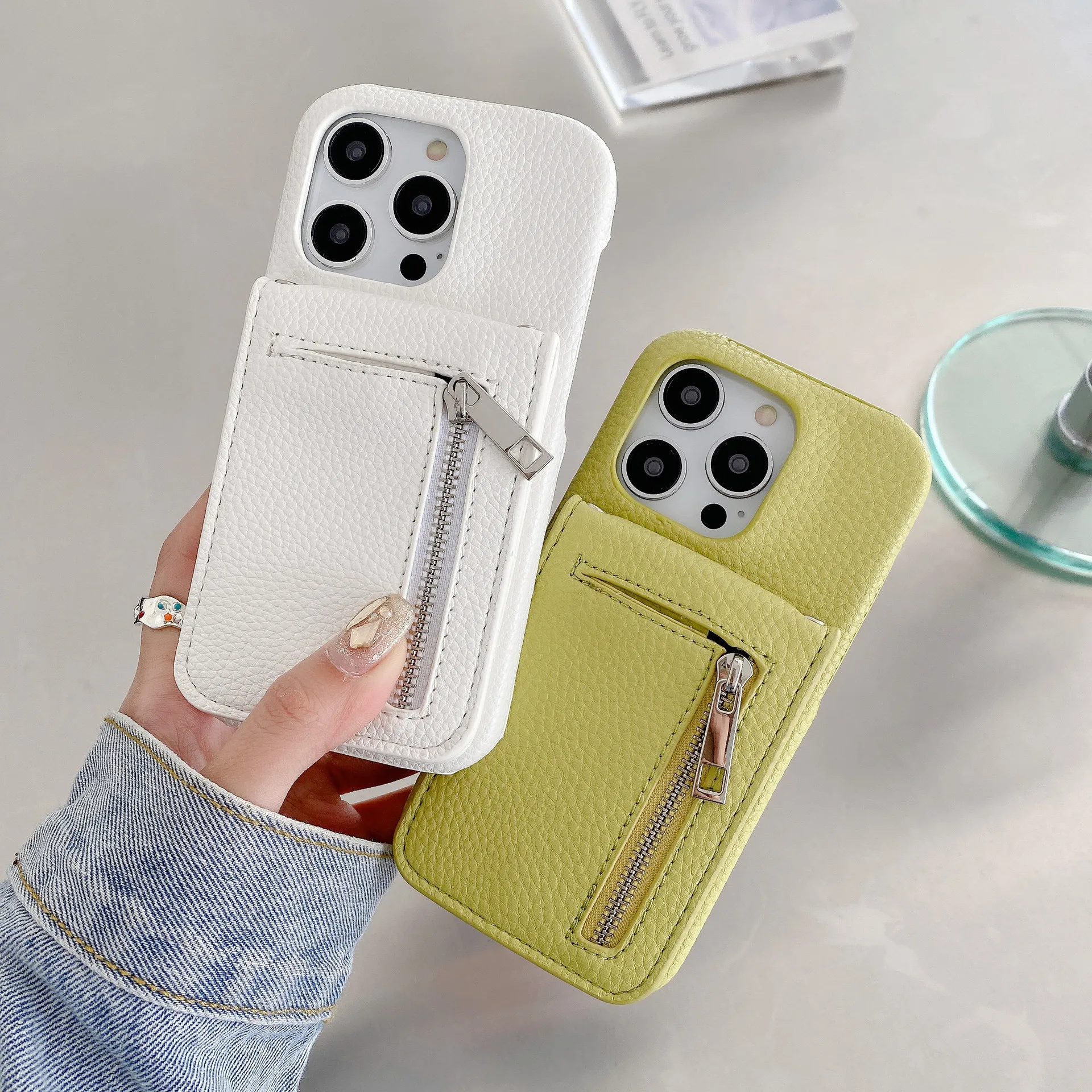 

Suitable for iPhone 15 Zipper Card Insert Phone Case 14 Promax Flip Stand Card Bag 13 12 Pro Makeup Mirror 11 Protection Cover