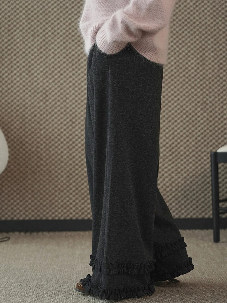 FANAN-pantalones Vintage de encaje empalmado para mujer, pantalones elásticos de cintura alta, rectos, de pierna ancha, ropa con cordón, novedad de invierno