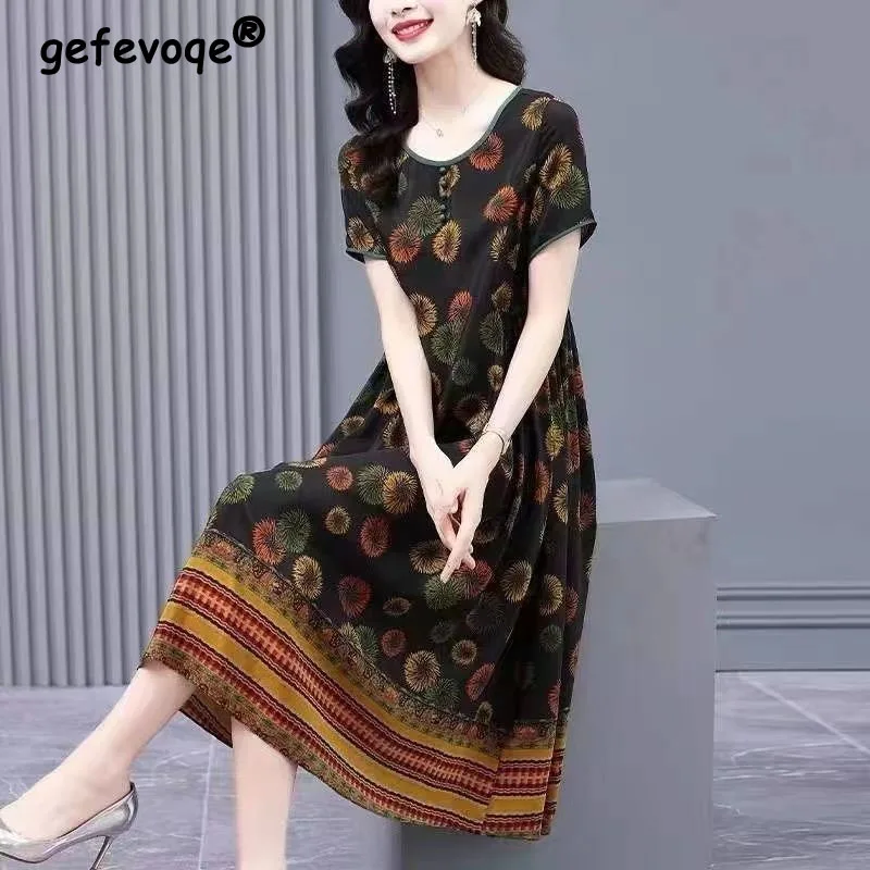 

Women's Vintage Printing Fashion Elegant Short Sleeve Dress Summer New Simple Commuter A-Line Round Neck Loose Midi Dresses