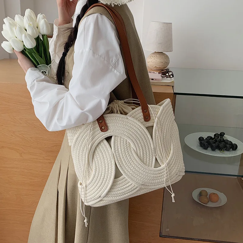 

Сумка-тоут женская ручной работы из хлопкового шнура, плетеная, круглая, летняя, пляжная, соломенная, в стиле бохо, с переплетением, люксовая