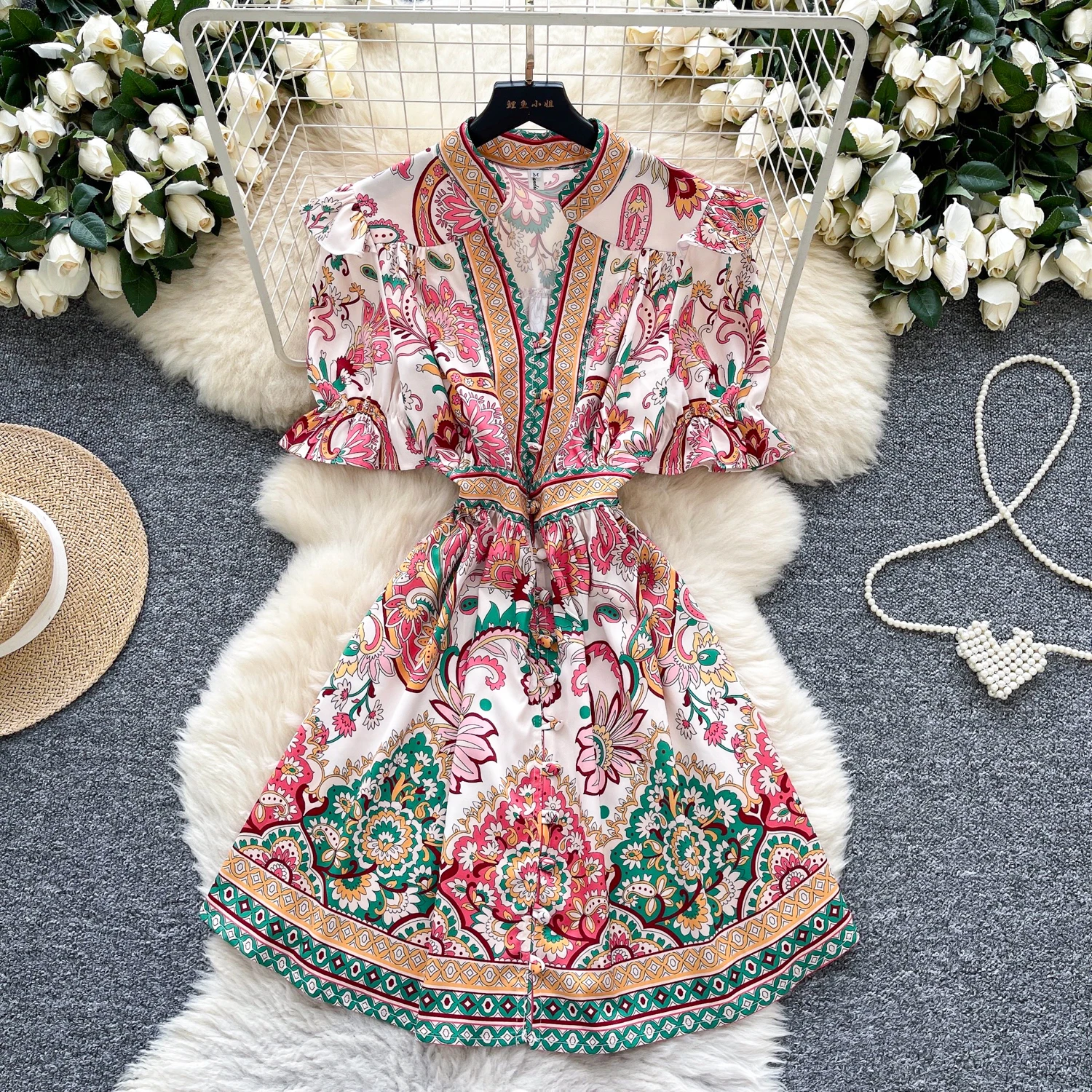 Chic Sexy V-ausschnitt print kurzarm Gespleißt Fee A-linie Sommer Frauen Boho Sommerkleid frauen kleidung mini kleid