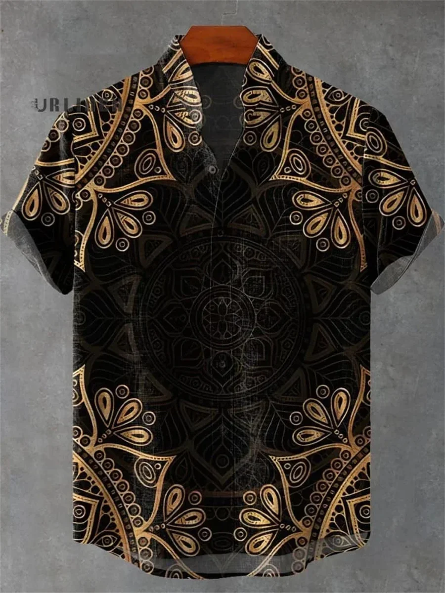 Men's casual fashion linen shirt short sleeve top floral print Hawaiian shirt 2025 high-end trendy social shirt