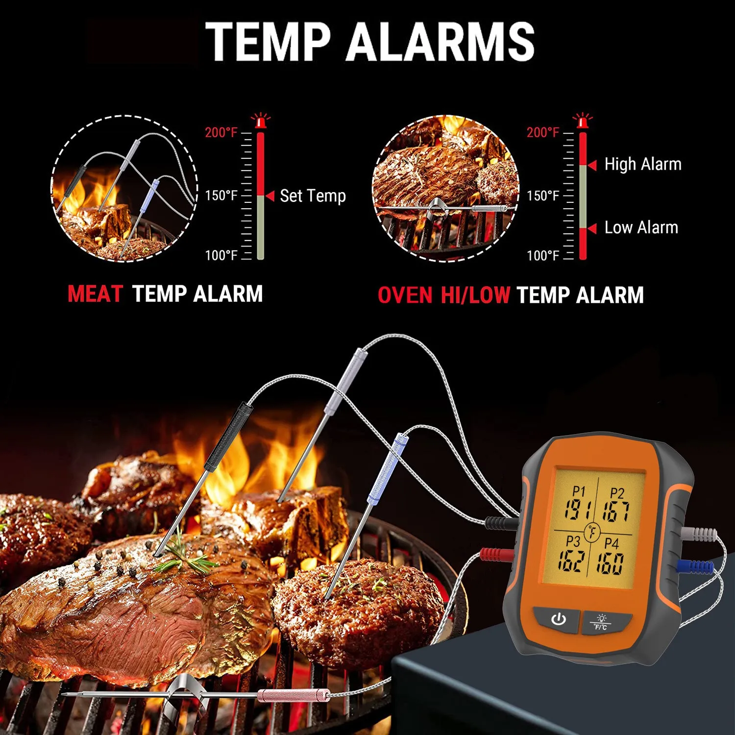 150m Monitor Food Thermometer 4-in-1 Cooking Tools Meat Temperature Measure Timer Alarm Kitchen Oven BBQ Accessories