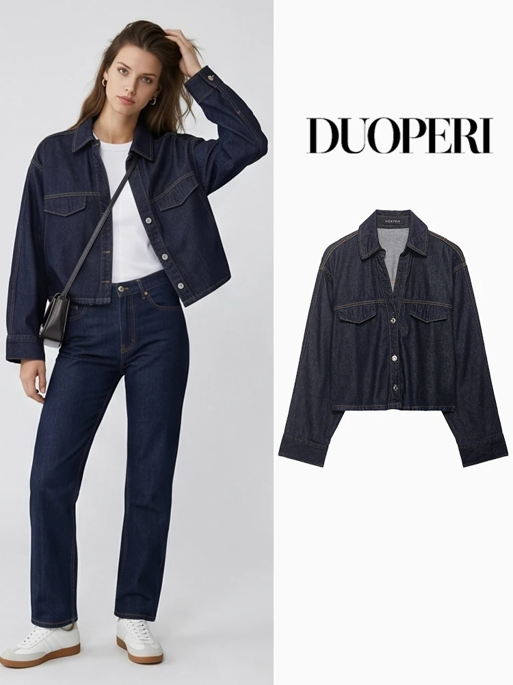 

DUOPERI Women Fashion With Pockets Denim Blue Single Breasted Jackets Vintage Lapel Neck Long Sleeves Female Chic Lady Outfits