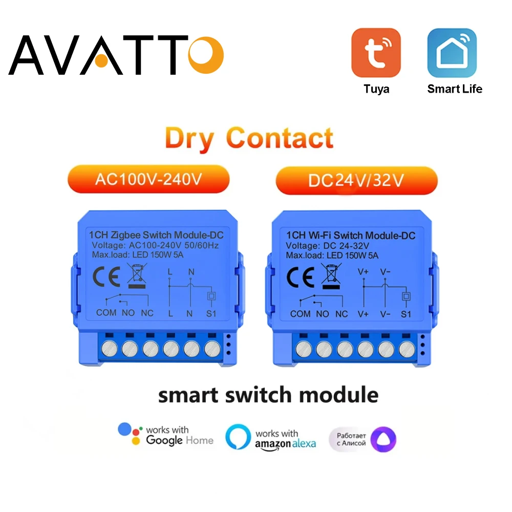 AVATTO Tuya WIFI/ZigBee Dry Contact Smart Light Switch Module Smart DrY Breaker Relay DC 7-32V/AC100-240V Work with Alexa Google