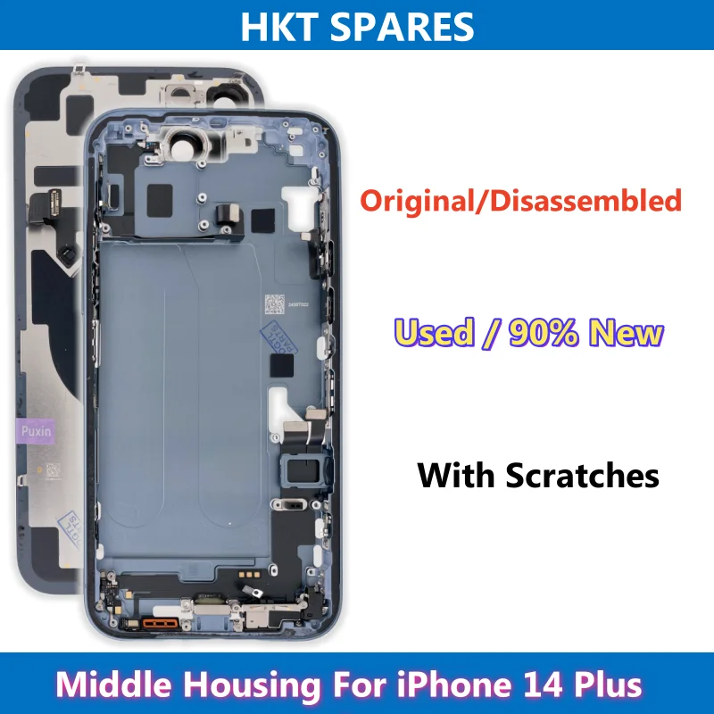 

90% новый, оригинальный разобранный корпус средней рамы для iPhone 14 Plus, задняя стеклянная крышка с беспроводной зарядкой NFC в сборе