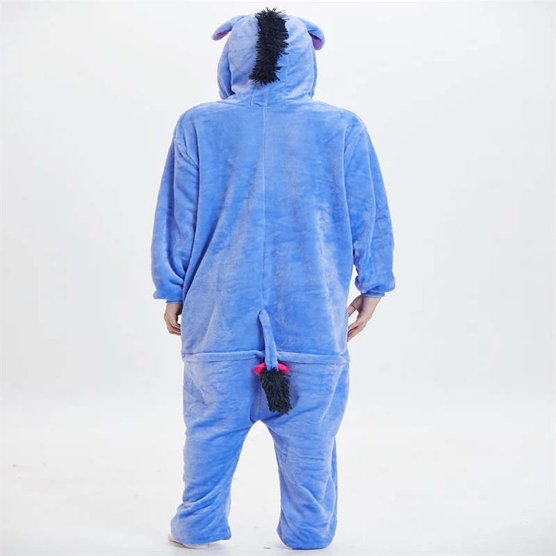 Flannel Jumpsuit Kigurumi Blue Donkey Carnival Cosplay Costume Nightwear Long-sleeved Hooded Thermal Loose One-piece Pajamas