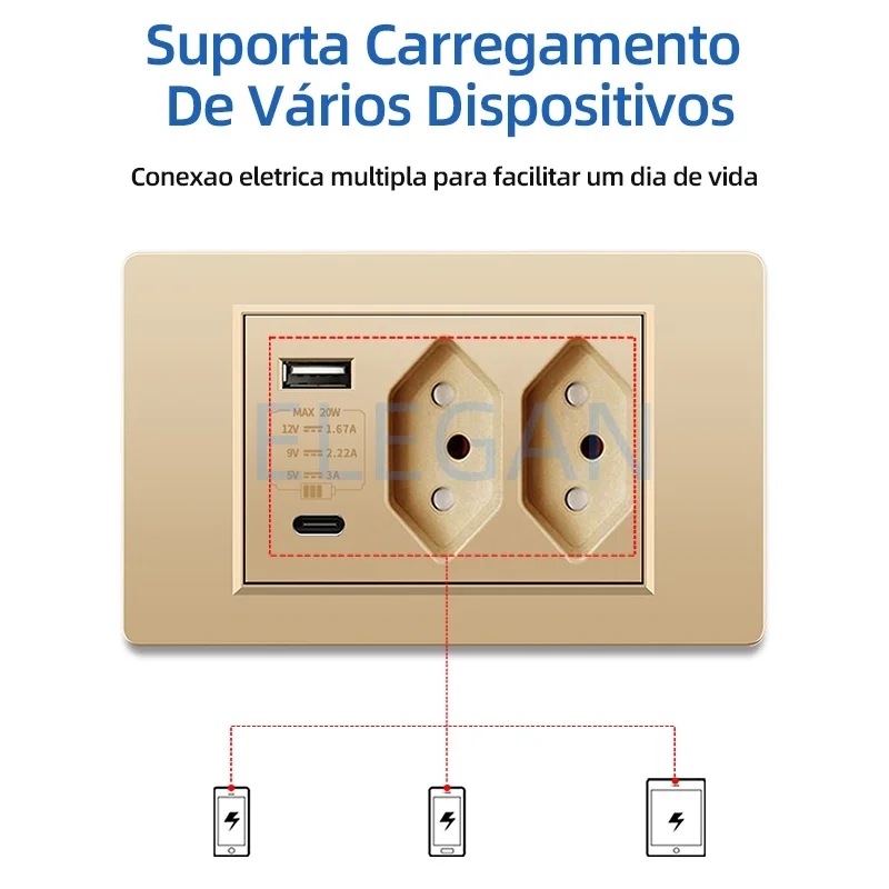 

ELEGAN Gold Brazil Fireproof PC Panel Standard Outlet Double USB Type C Wall Power Socket Light Switch Office 118*72mm 10A 20A