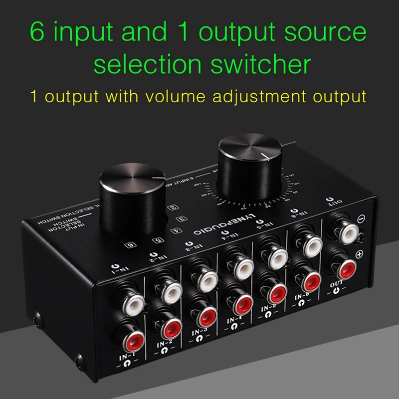 2X 6 Input 1 Output Switcher Audio Source Selection Switcher RCA Audio Input Signal Selector Switch