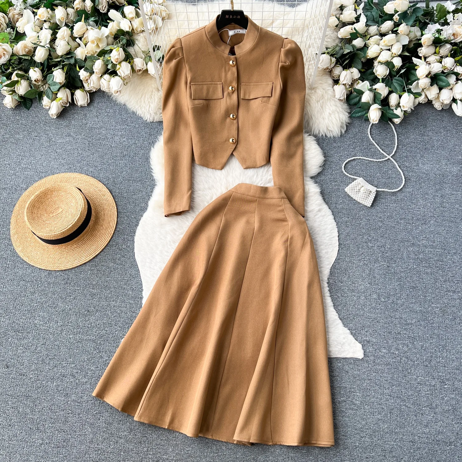 

Elegant 2-piece Sets for Women French Fashion Set Women's Autumn Winter Suit Coat and High Waist Slim Half Skirt