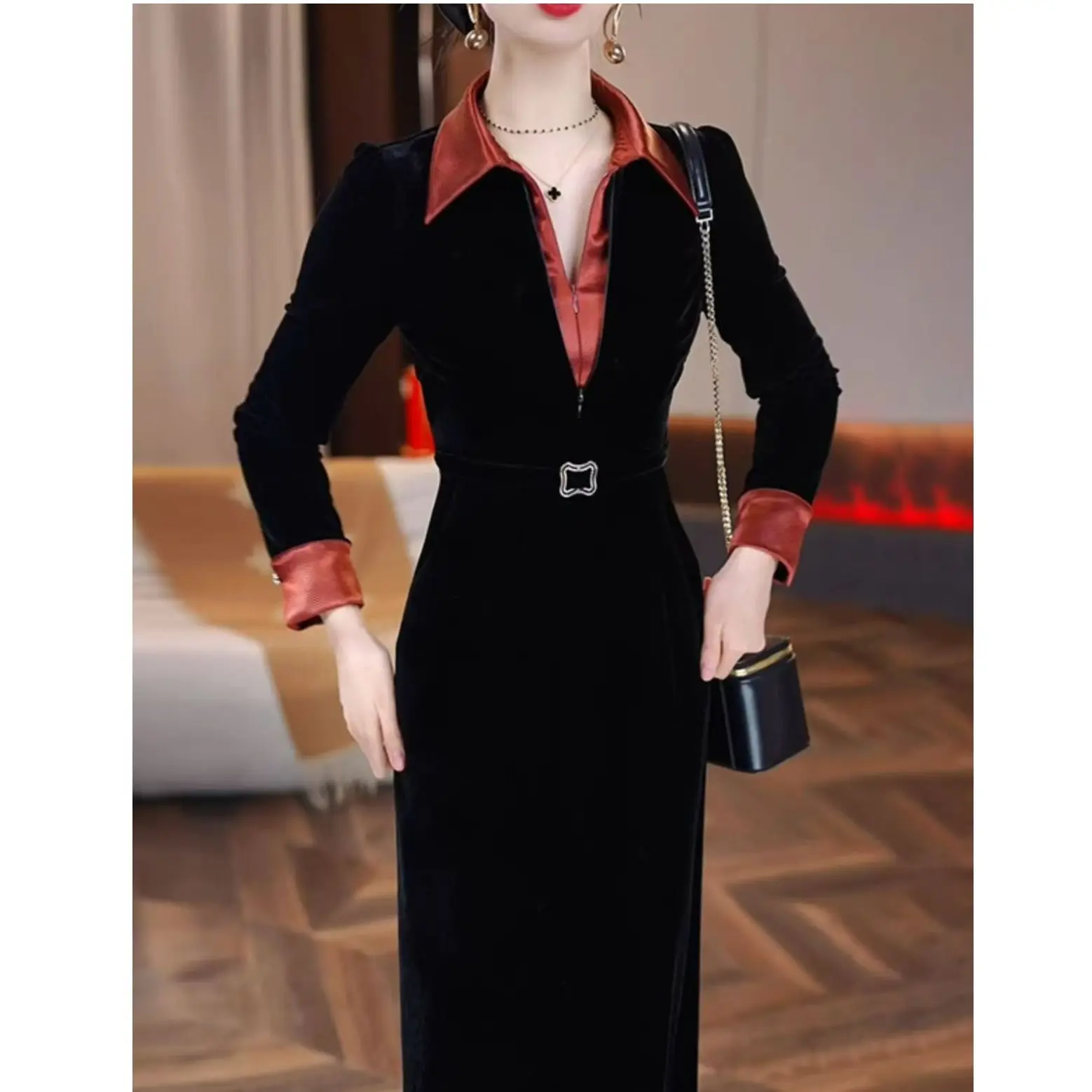 เดรสยาวปานกลางแฟชั่นทันสมัยอเนกประสงค์และสง่างาม คอลเลคชั่นใหม่สำหรับผู้หญิง ฤดูใบไม้ผลิและฤดูใบไม้ร่วง ปี 2025 ดีไซน์ตัดสี