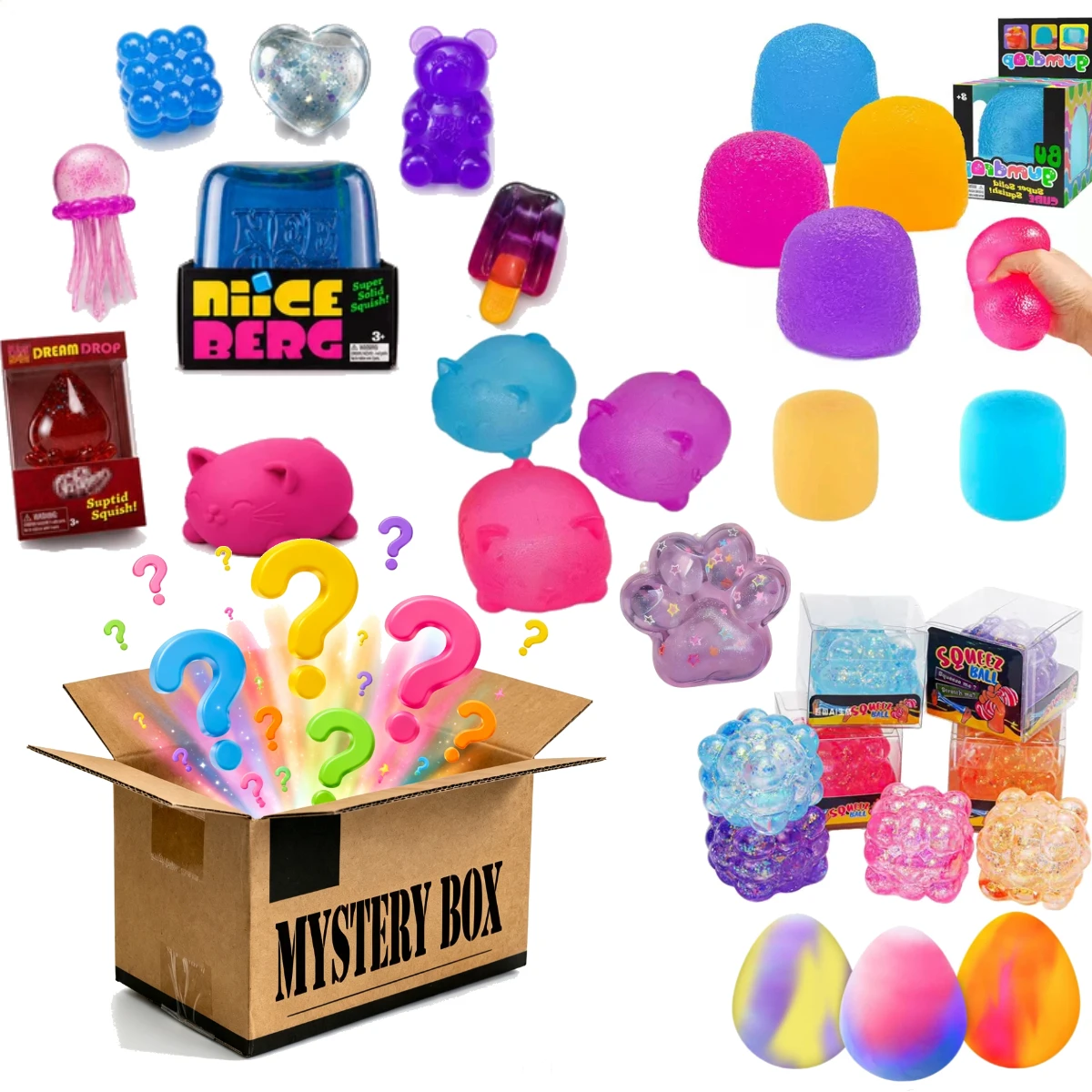 Collectible Popular Mystery Box Squish Collection, 1 Random Rare Glitter Squeeze Decompression Toy, Cat Bear Paw Jellyfish Egg Themed Squishies for Hobby Collectors