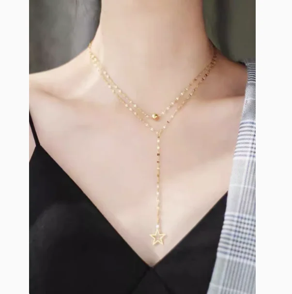 au750 jewelry real gold 18k chain necklaces for women fine gold double layer necklace gold star chains 1.3mm 42-45cm adjustable