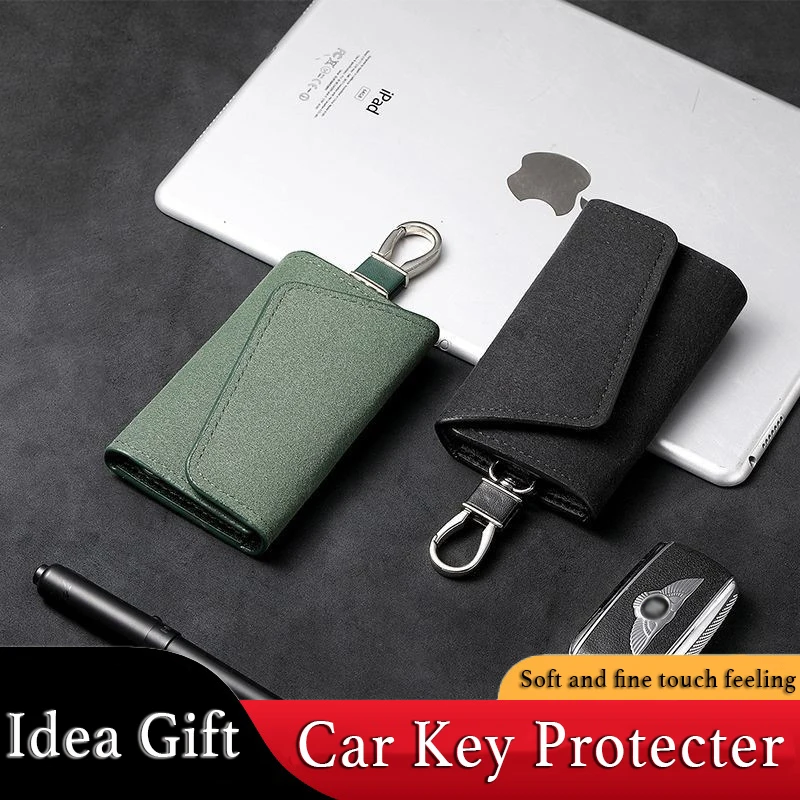 Suede Leather Fob Car Key Case Premium pu Leather Car Keychain Holder Auto Key Case Protector with Metal Hook Keyring Zipper Bag