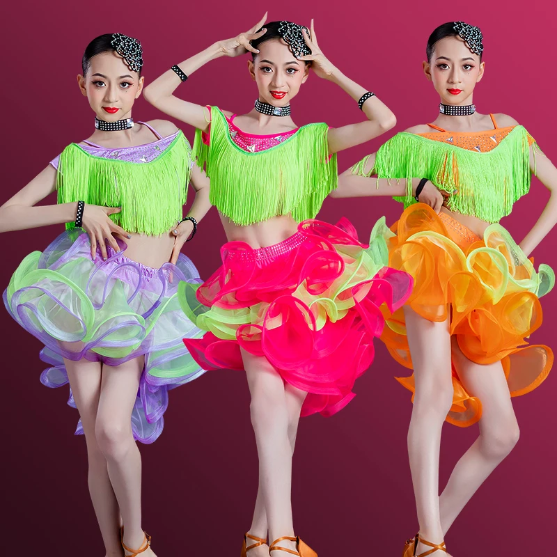 

customized children's Latin dance dress for girls' split tassel performance professional competition costume shiny diamond