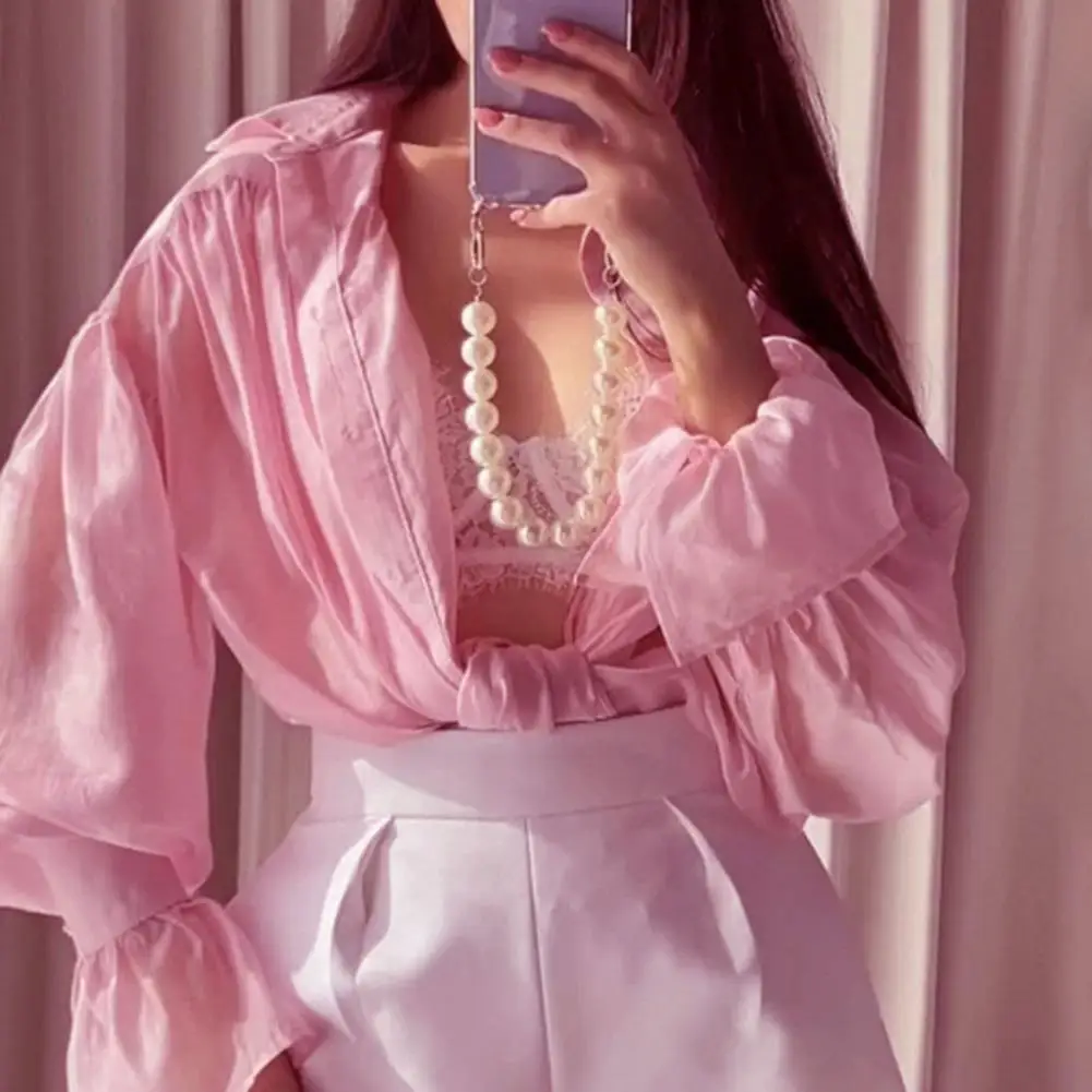 Camisas transparentes holgadas informales para mujer, Top de retazos de manga larga con solapa de otoño, ropa de calle, camisas sólidas para mujer