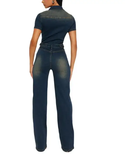 Style Hong Kong rétro Style classique revers bouton avant coupe ajustée à manches courtes combinaison femmes tempérament décontracté Denim combinaison