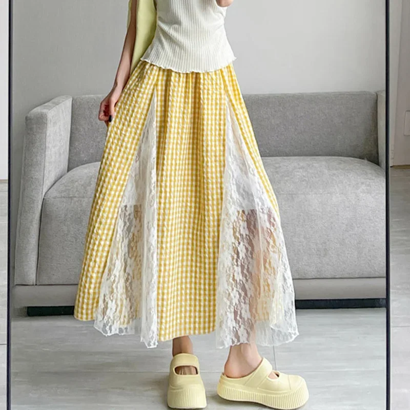 Korean Lace Patchwork Plaid Skirts Women Summer Sweet High Waist A Line Skirt Woman 2025 Fashion Pleated Loose Long Skirts Mujer