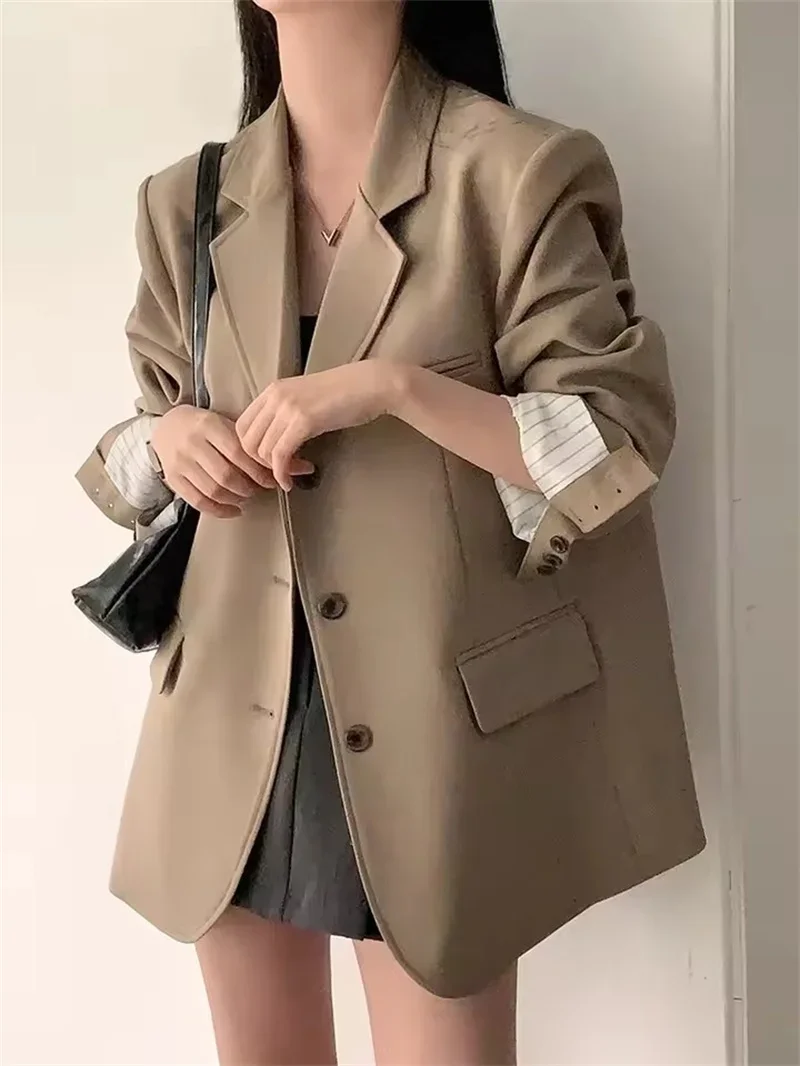 ポップポップファッション春カジュアルルーズ女性のスーツジャケット女性オフィス長袖ノッチ襟ボタンブレザーシックな通勤ワーク