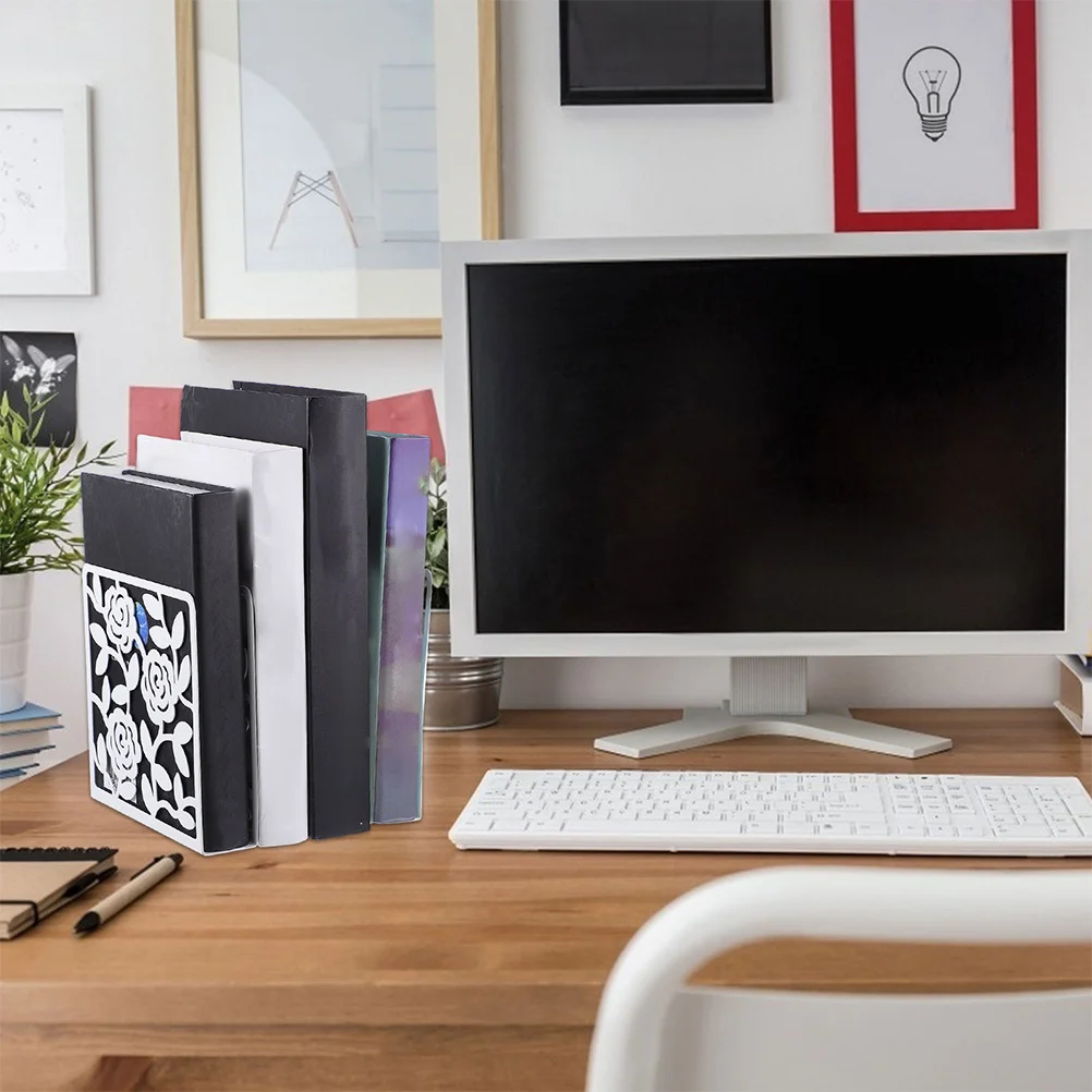 

2Pcs Desktop Bookends Metal Hollow Out Organizer Prevents Falling Books Scratches At Home Hollow Out Book Ends