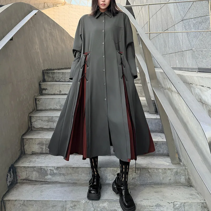 Sukienka koszulowa damska HKSH na wiosnę i jesień, blok kolorów, zapinana na guziki, długi rękaw, elegancka, modna, codzienna, oversize, model HK17317