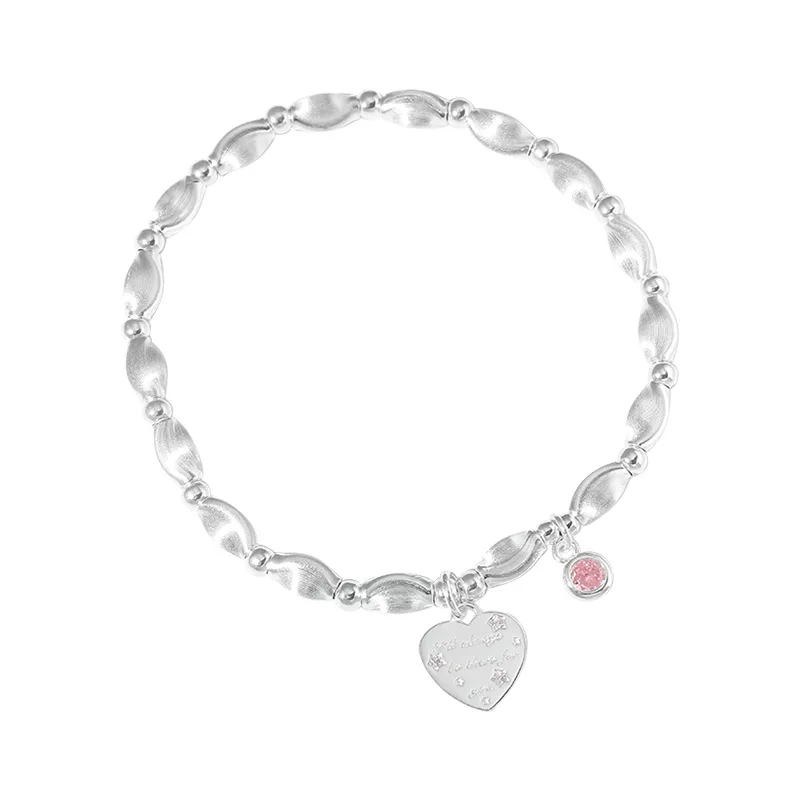 925 Sterling Silver Pink Cat's Eye Stone Bracelet Heart Rhinestone Handmade Chain Sweet Temperament Jewelry For Women