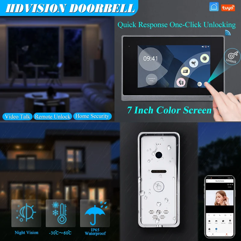 

1080P Video Intercom System WiFi/ Wired Door Phone Smart TUYA APP Video Doorbell with WDR Camera Video Recording for Villa