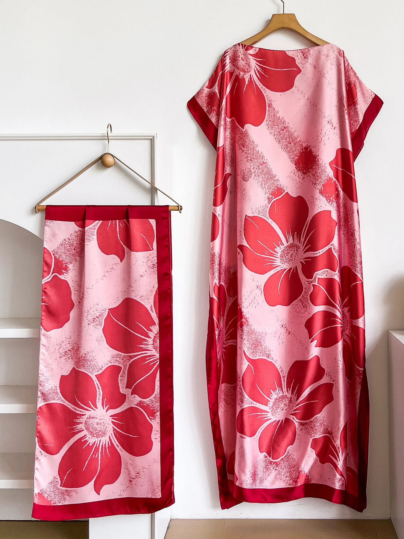 Summer Boho Floral Print Abaya With Scarf, Loose Batwing Maxi Kaftan For African Muslim Women Beach Holiday Wear - view 2