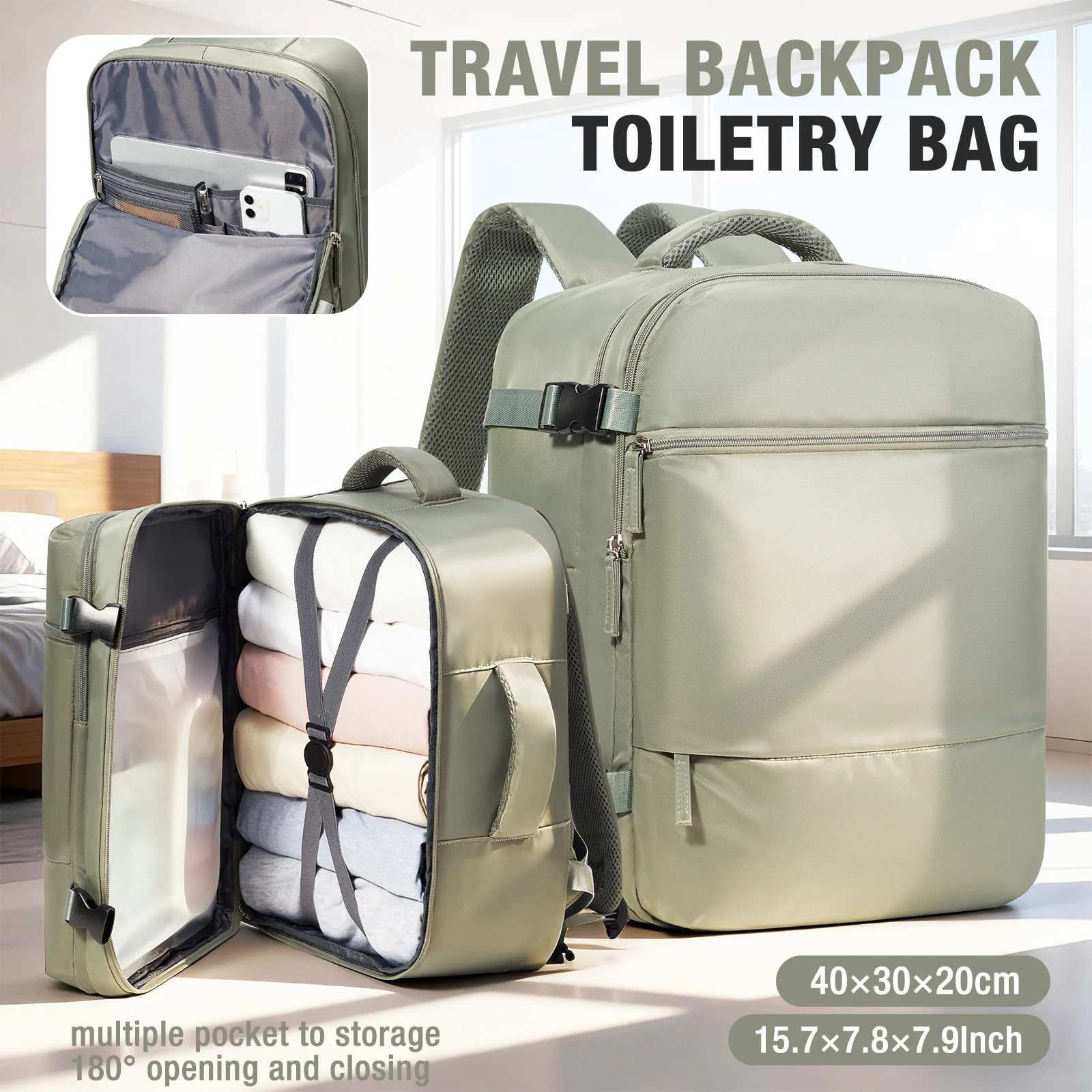 حقيبة أمتعة يدوية، حقيبة ظهر قابلة للحمل مقاس 40 × 30 × 20، حقيبة ظهر للسفر للنساء والرجال متوسطة الحجم وخفيفة الوزن #1