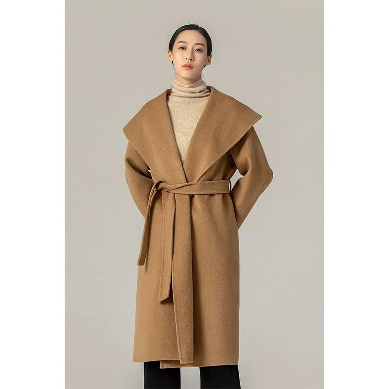 Messi Fine High Count Australian Wool Double sided Cashmere Coat Women's Wool Wool Large Lapel Coat