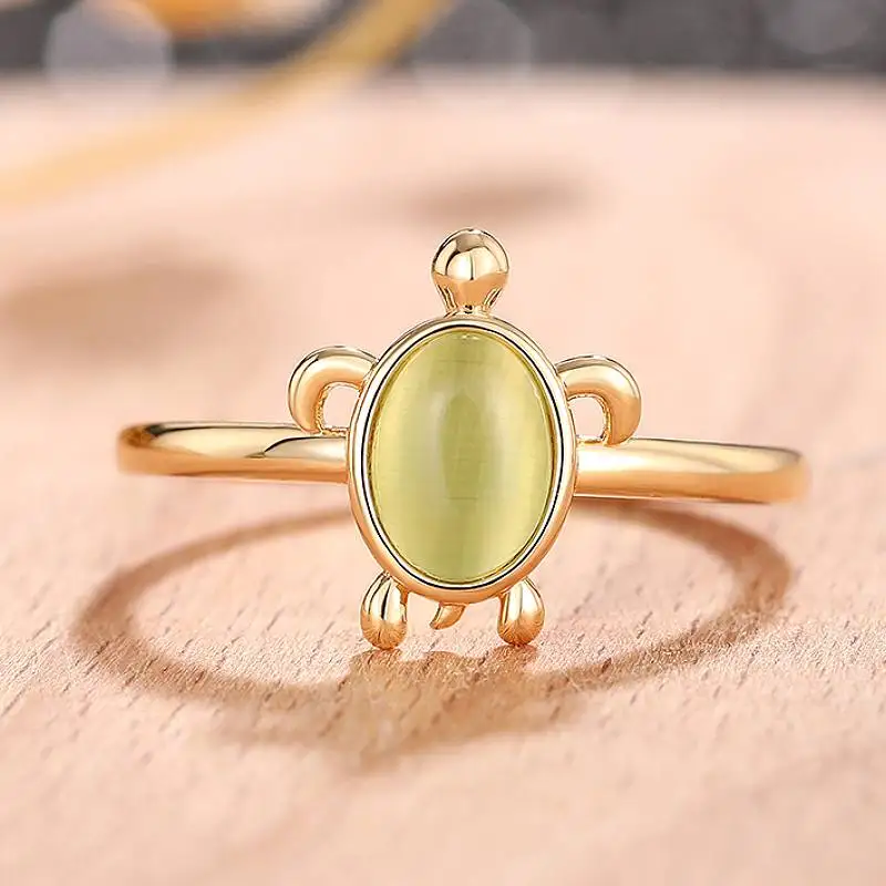 Huitan Turtle Rings with Green Imitation Opal Stone Chic Women\'s Finger Rings Gold Color Exquisite Gift Statement Jewelry