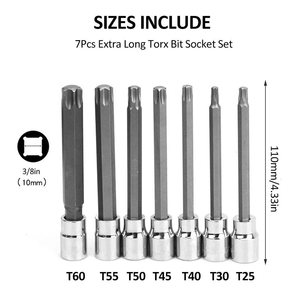 Extra Long Torx Bit Socket Set Premium Cr-V Steel 7Pcs Star Bits T25 T30 T40 T45 T50 T55 T60 Set 3/8-Inch Drive 110mm Sockets