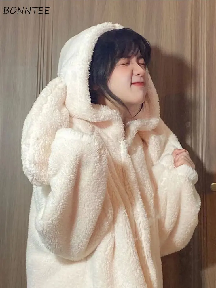 New Winter Hooded Robes Women Simple Thicken Keep Warm Comfortable Sleepwear Lovely Girls Rabbit Ears Design Pockets Chic Home