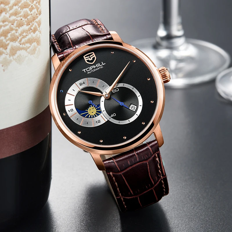 ساعة توفيل للرجال حركة أوتوماتيكية 42 ملم هيكل من الفولاذ المقاوم للصدأ كريستال الياقوت الفرقة الجلدية الثانية الصغيرة مرحلة القمر