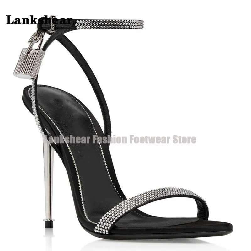 

Pointy Open Toe Gladiatus High Heel Sandals Summer New Sexy High Heels Rhinestone Open Toe Buckle Black Sandals for Women