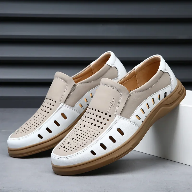 Cowhide leather shoes perforated casual wear-resistant breathable anti slip Genuine leather soft men's sandals Male sneakers