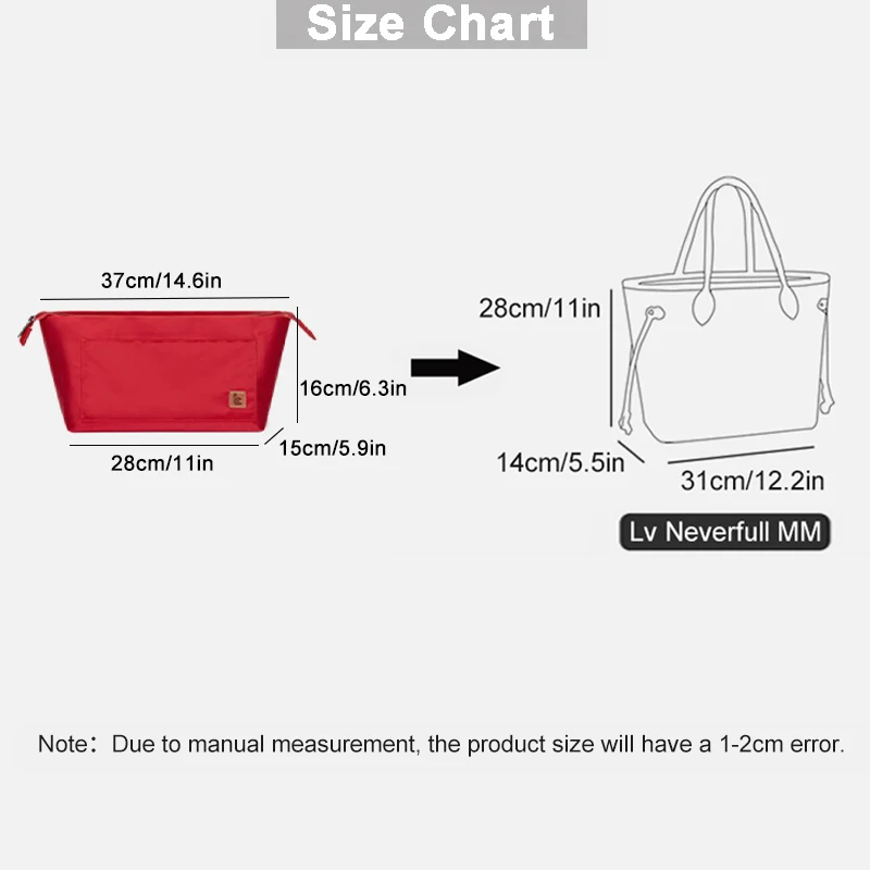 EverToner Multi-Pocket Travel Insert Nylon Organizer Bag for LV-Neverfull PM Inner Purse Handbag Portable Cosmetic Storage Bag