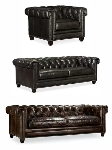 MANBAS Chesterfield Sofa | Top Graded Genuine Leather Sectional Living Room Sofa American Style Oil Wax Leather 3-Seater Couch