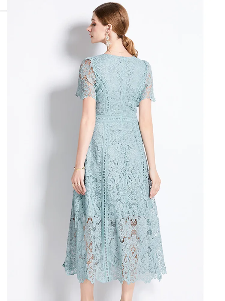 SMTHMA Vintage High-End O-Neck Short Sleeve Lace Hollow Out Dress For Women\'s Summer Slim Elegant Long Dress Female Clothing
