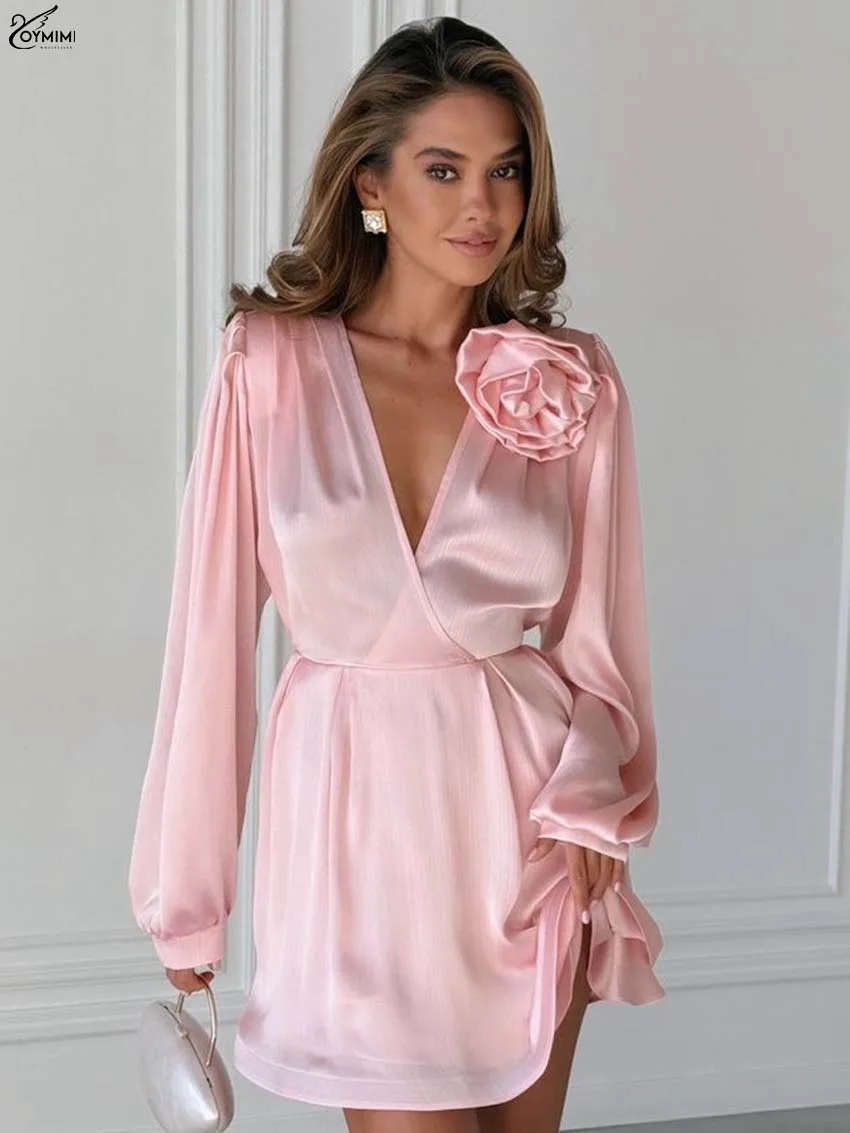 

Oymimi Elegant Pink V-Neck Dresses 2025 Woman Autumn New Long Sleeve Bow High Waisted Dresses Fashion Straight Mini Dress Female