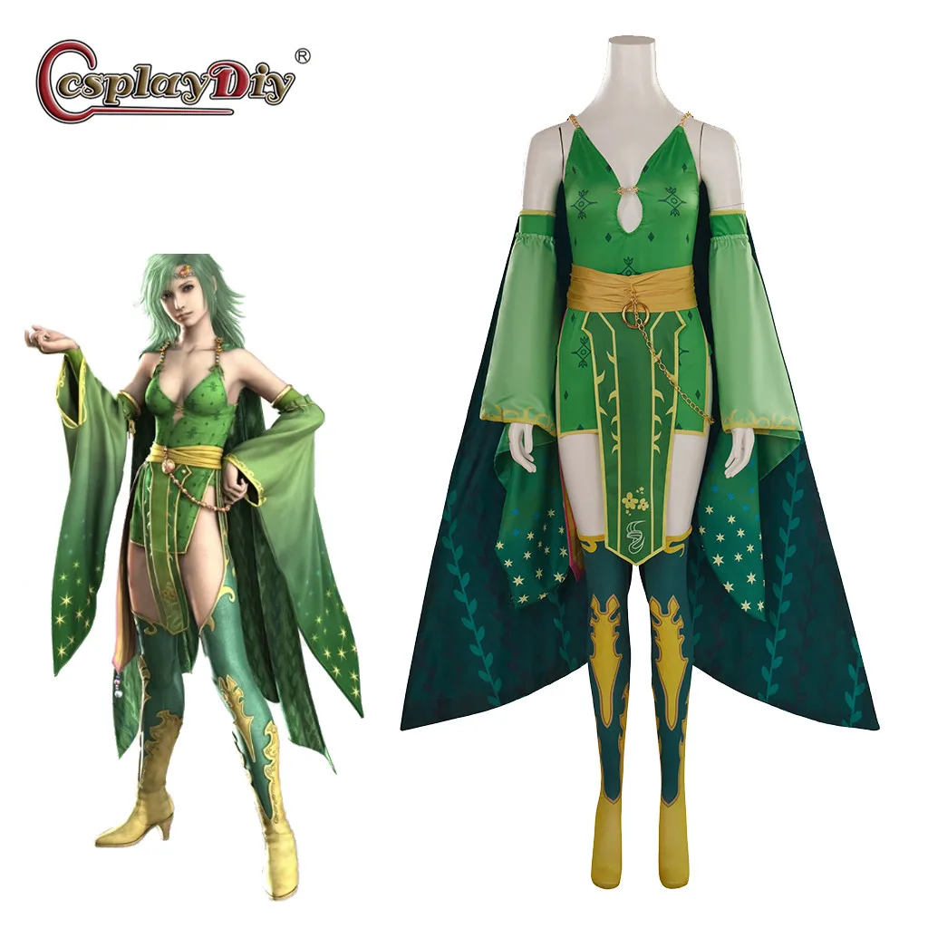 

Cosplaydiy Rydia Cosplay Sexy Green Dress Suit With Cape Game FFIV Rydia Costume Adult Women Halloween Carnival Party RolePlay