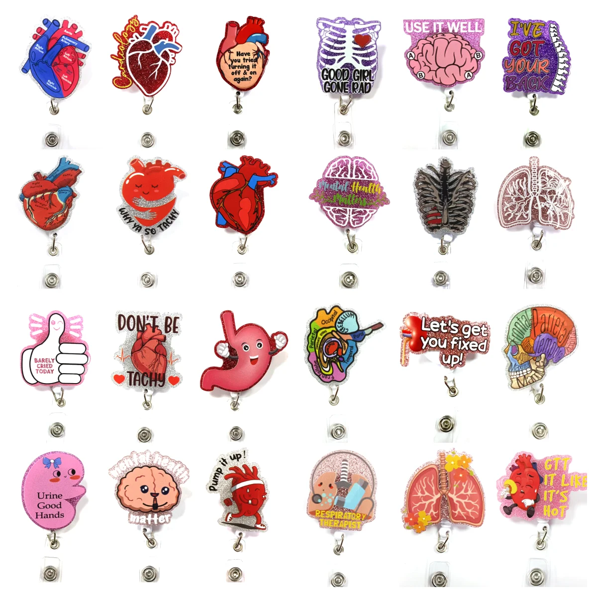 Hot sale Nurse Badge Reel Glitter Acrylic Heart Brain Lung Badge Reel Retractable Respiratory Therapist ID Card Holder