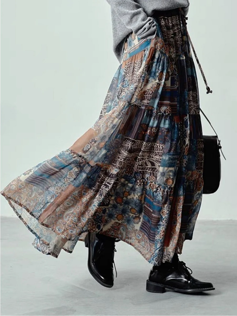 

Художественная винтажная шелковая юбка с абстрактным принтом, пышная женская одежда больших размеров с длинными юбками для похудения