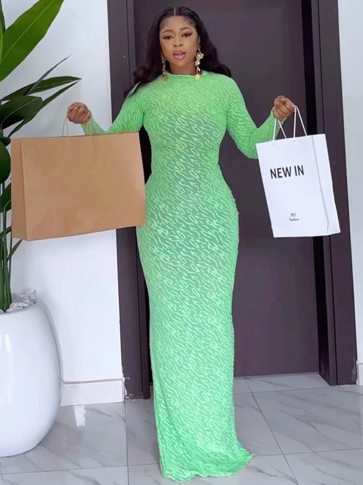 Wmstar Women Dress Autumn Elegant Fashion Solid Color Long Sleeve Pullover Round Neck Floor Length Slim Boydcon Party Dresses