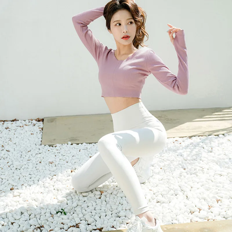 Pure color Long Sleeve Yoga Shirts Women Gym Pilates Fitness Slim Sexy V-neck Crop Top Outdoor Training Elastic Soft Tops